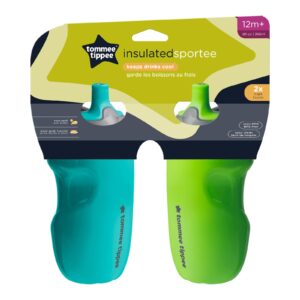 Tommee Tippee Insulated Sportee Bottle, 9oz, 12+ Months, Trainer Sippy Cup for Toddlers, Spill-Proof, Easy to Hold Handle, Green & Teal, Pack of 2