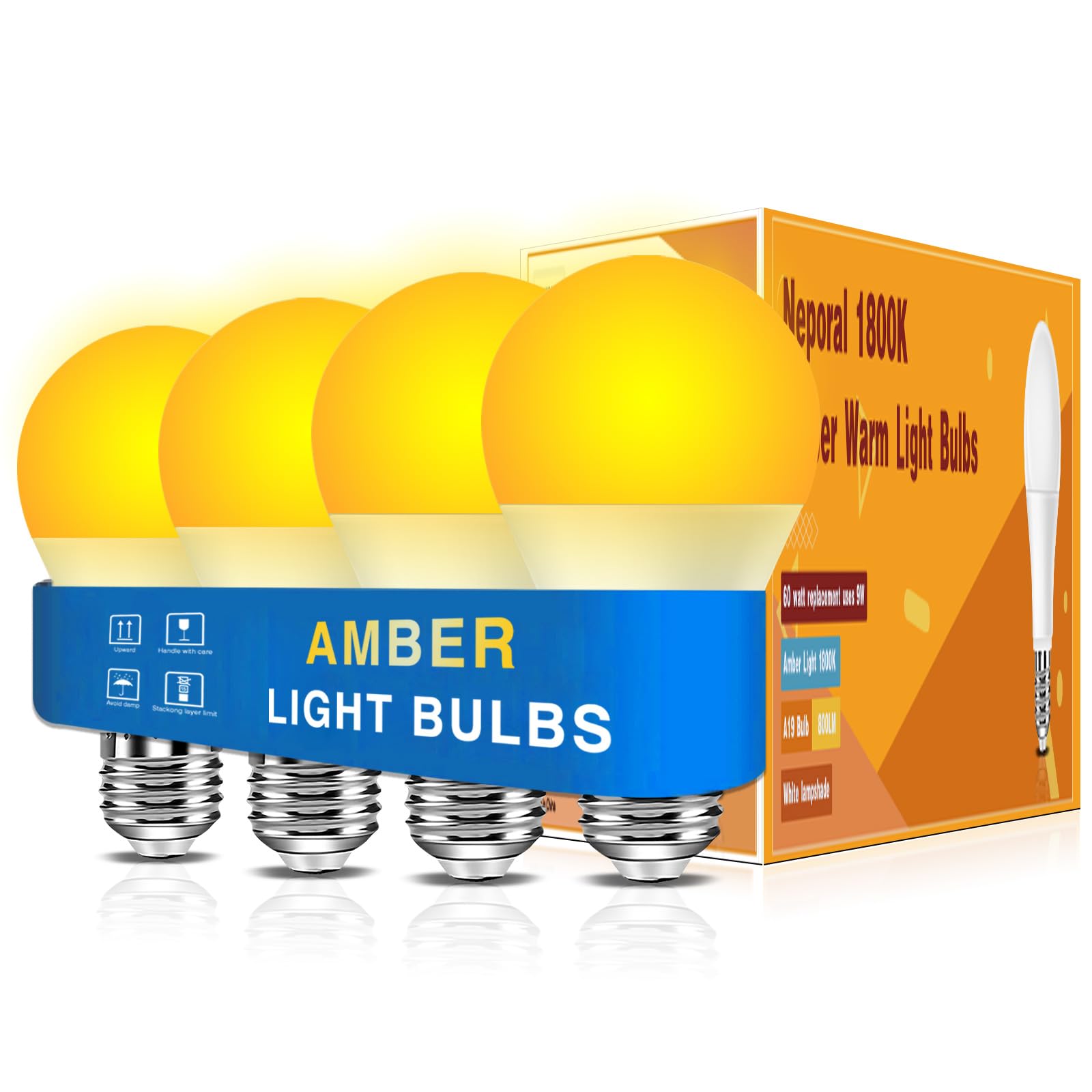 Neporal Amber Light Bulbs 4PK, 9W 60 Watt Equivalent, Blue Blocking Light Bulbs 1800K, Soft Warm Sleep Light Bulbs A19, Amber Night Light Bulb E26 for Bedroom and Baby Nursery Light