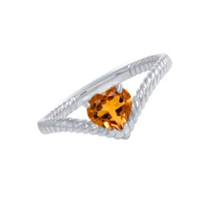 Takar Dainty 10k White, Yellow and Rose Gold Solitaire Heart-Shaped Genuine Citrine Rope Ring, Heart Shaped Promise Ring, Good luck Gift for her, Made in USA (White Gold, 8.5)