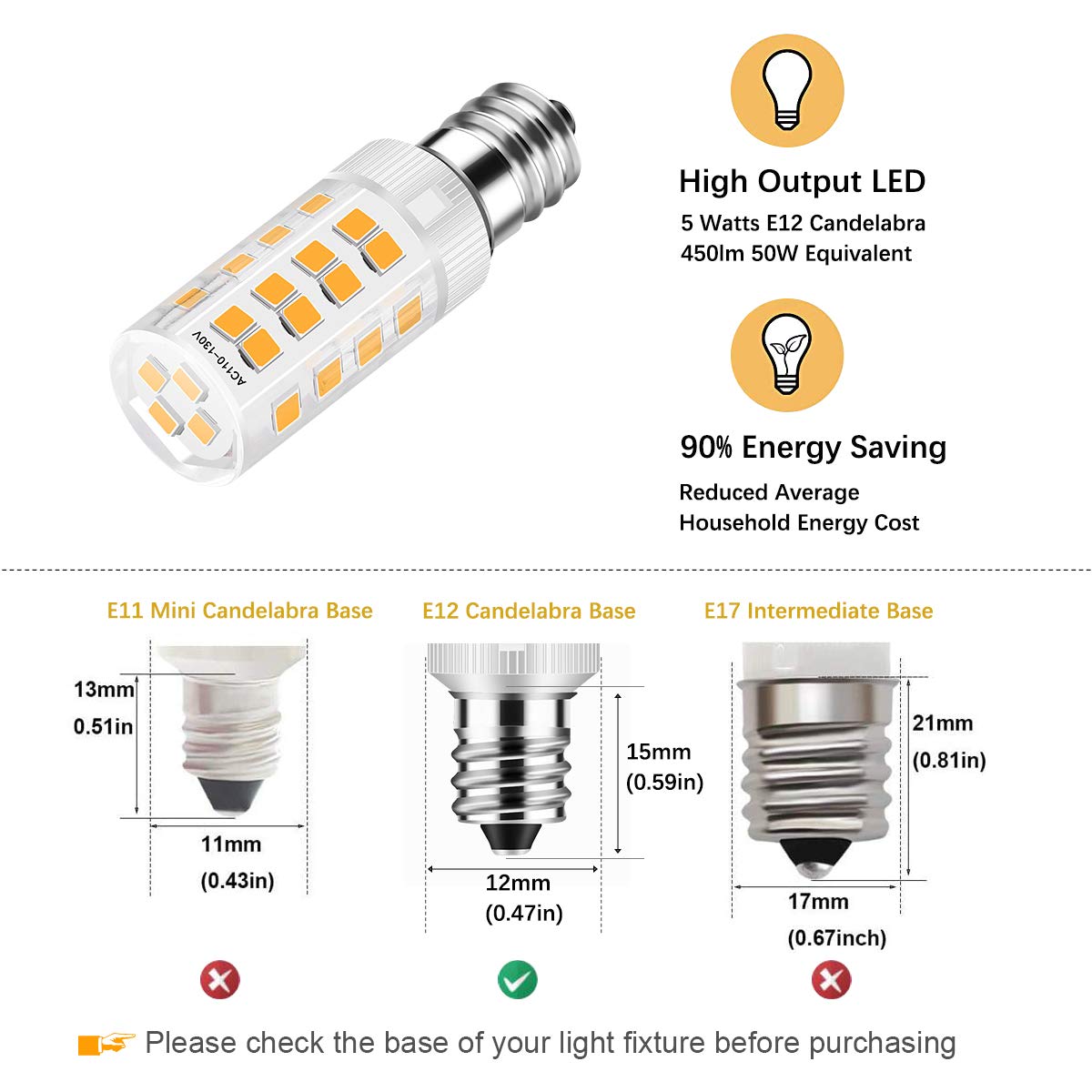 Amazing power E12 LED Bulbs, 5W LED Candelabra Bulbs 50W Equivalent Candelabra Base Light Bulb for Chandelier Lighting Warm White 6-Pack