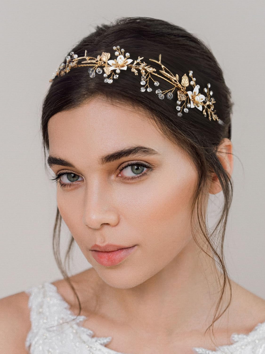 SWEETV Gold Wedding Headband Flower-Leaf Bridal Headpieces for Wedding Hair Accessories for Brides Crystal Pearl Hair Vine