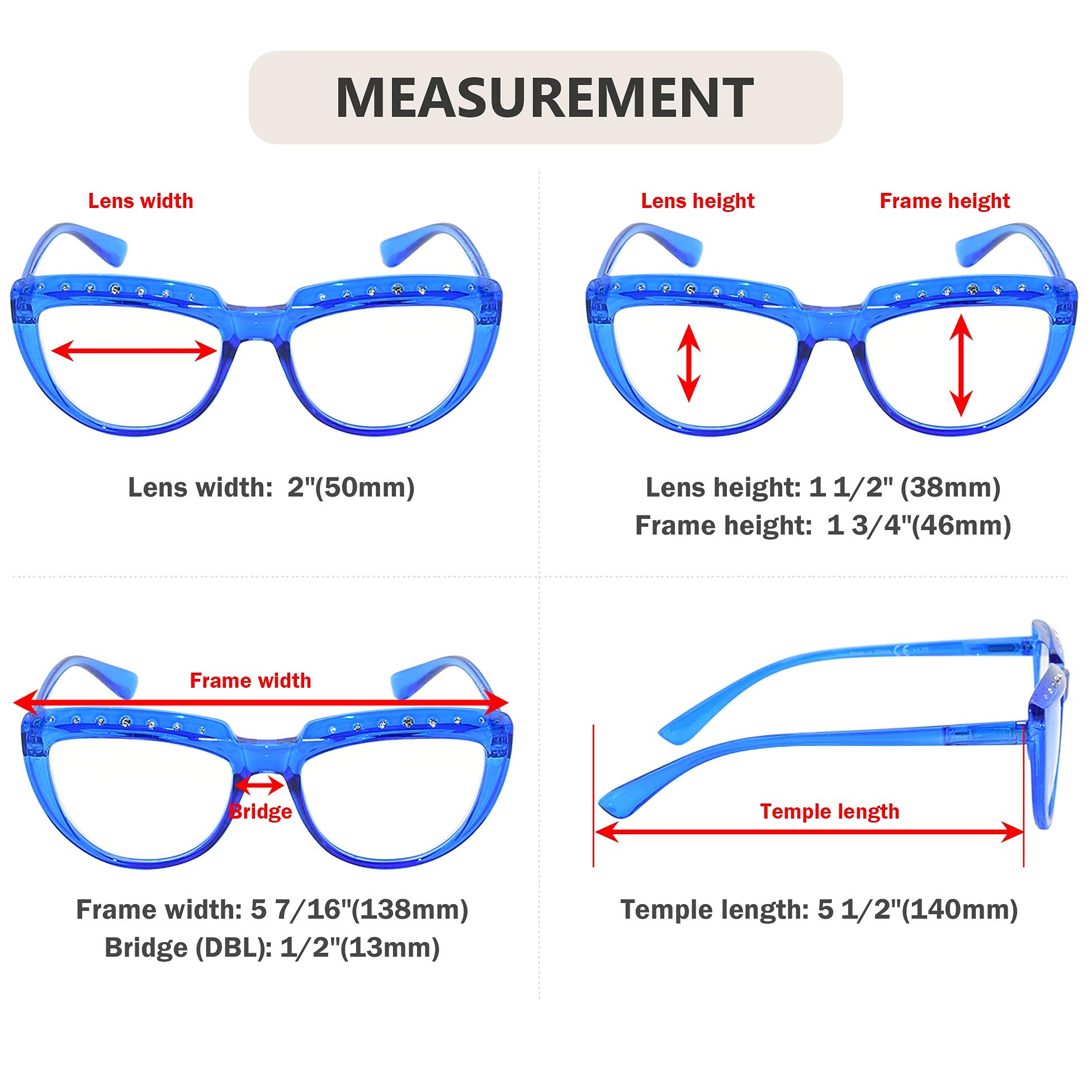 Eyekepper 4-Pack Reading Glasses for Women Rhinestone Readers Oversize Half-Moon Design Eyeglasses +2.50