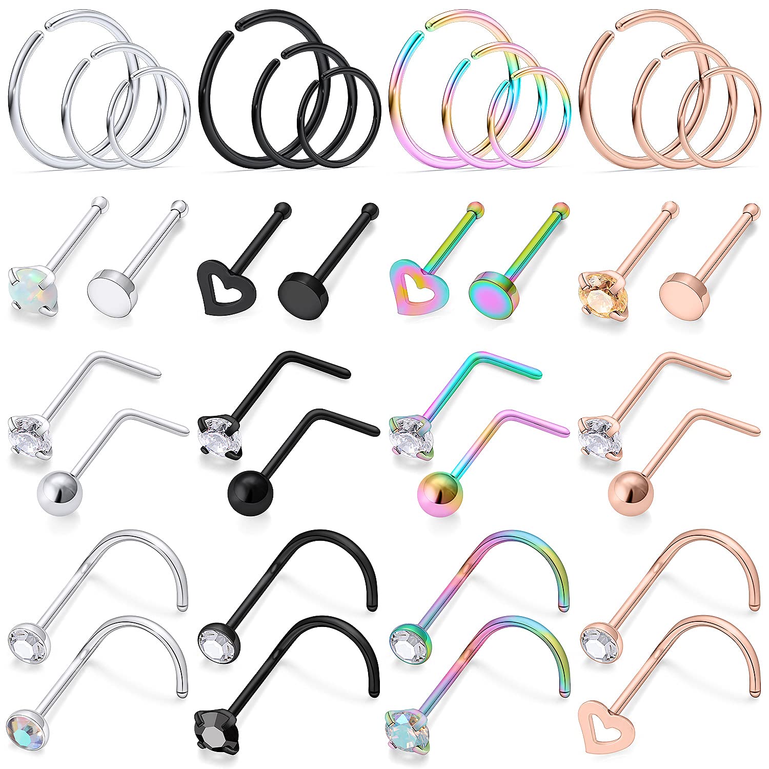 Dyknasz 18G Nose Rings Studs L Shape Nose Screw Surgical Stainless Steel Nose Rings Hoop Diamond Heart Hypoallergenic Nostril Nose Piercing Jewelry for Women Men