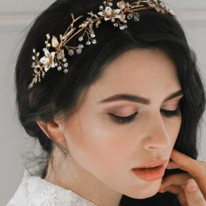 SWEETV Gold Wedding Headband Flower-Leaf Bridal Headpieces for Wedding Hair Accessories for Brides Crystal Pearl Hair Vine