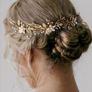 SWEETV Gold Wedding Headband Flower-Leaf Bridal Headpieces for Wedding Hair Accessories for Brides Crystal Pearl Hair Vine