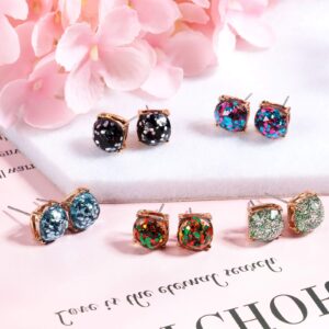 14 Pairs Valentine's Day Faux Druzy Earrings Faceted Square Glitter Stud Pierced Earrings Stainless Steel Bohemian Druzy Stud Earrings Set for Women Present