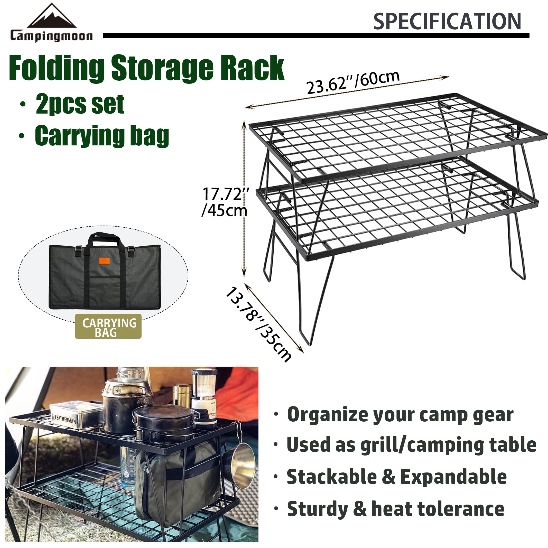 camping moon 2Pcs Outdoor Folding Multipurpose Storage Rack with Carrying Bag, Steel Plating Black T-230-2T