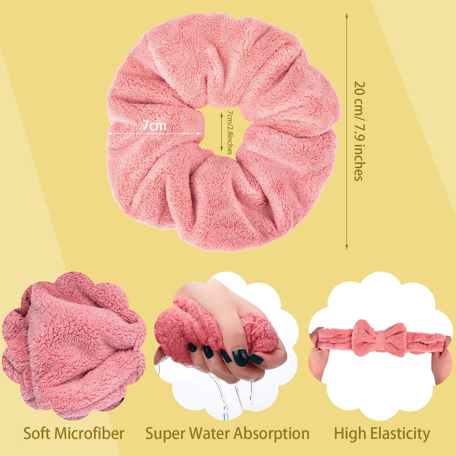 Chuangdi Microfiber Hair Towel Set - 4 Pieces Large Thick Scrunchies and Adjustable Makeup Headband