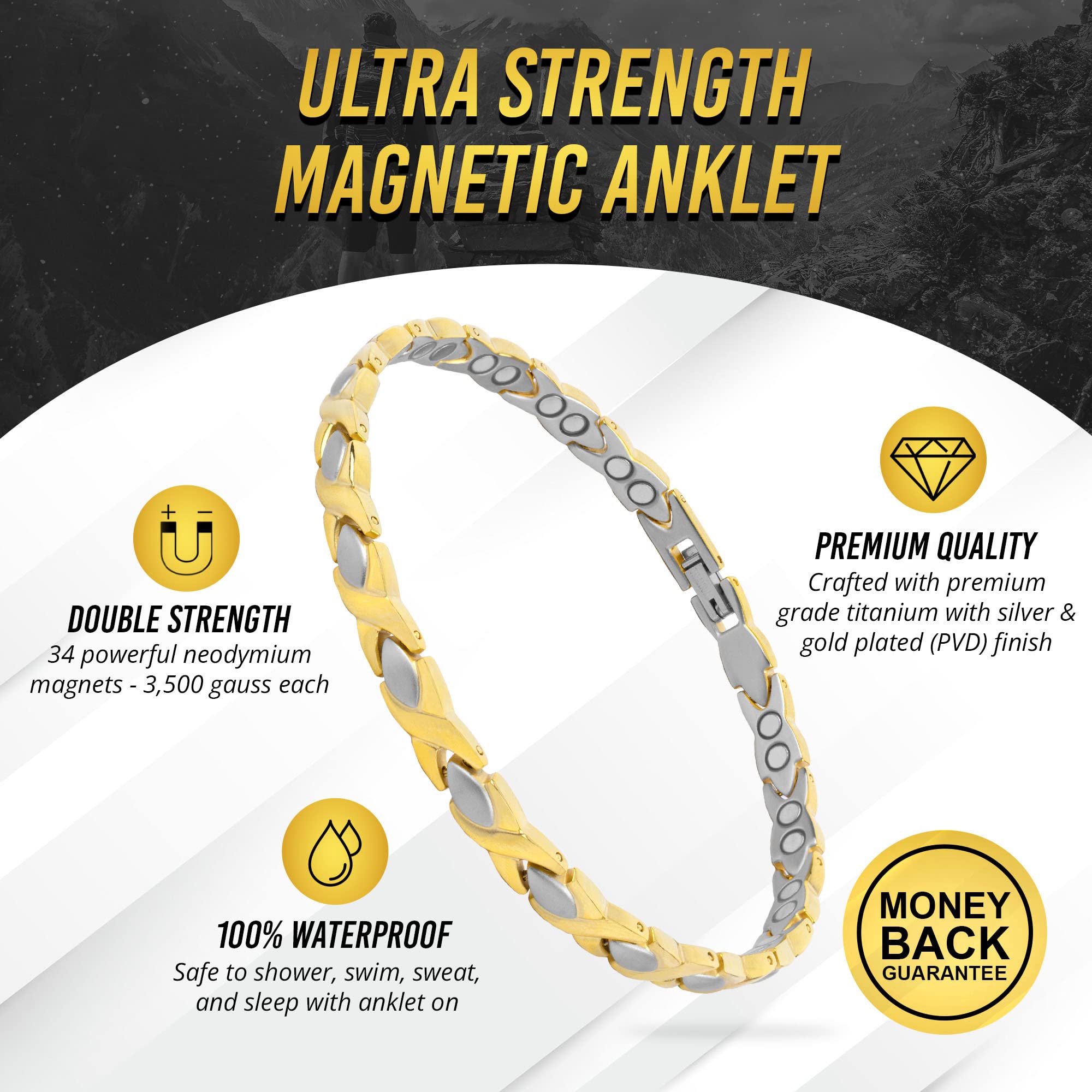 MagnetRX Titanium Magnetic Bracelet – Ultra Strength Magnets Anklet for Women (Silver & Gold)