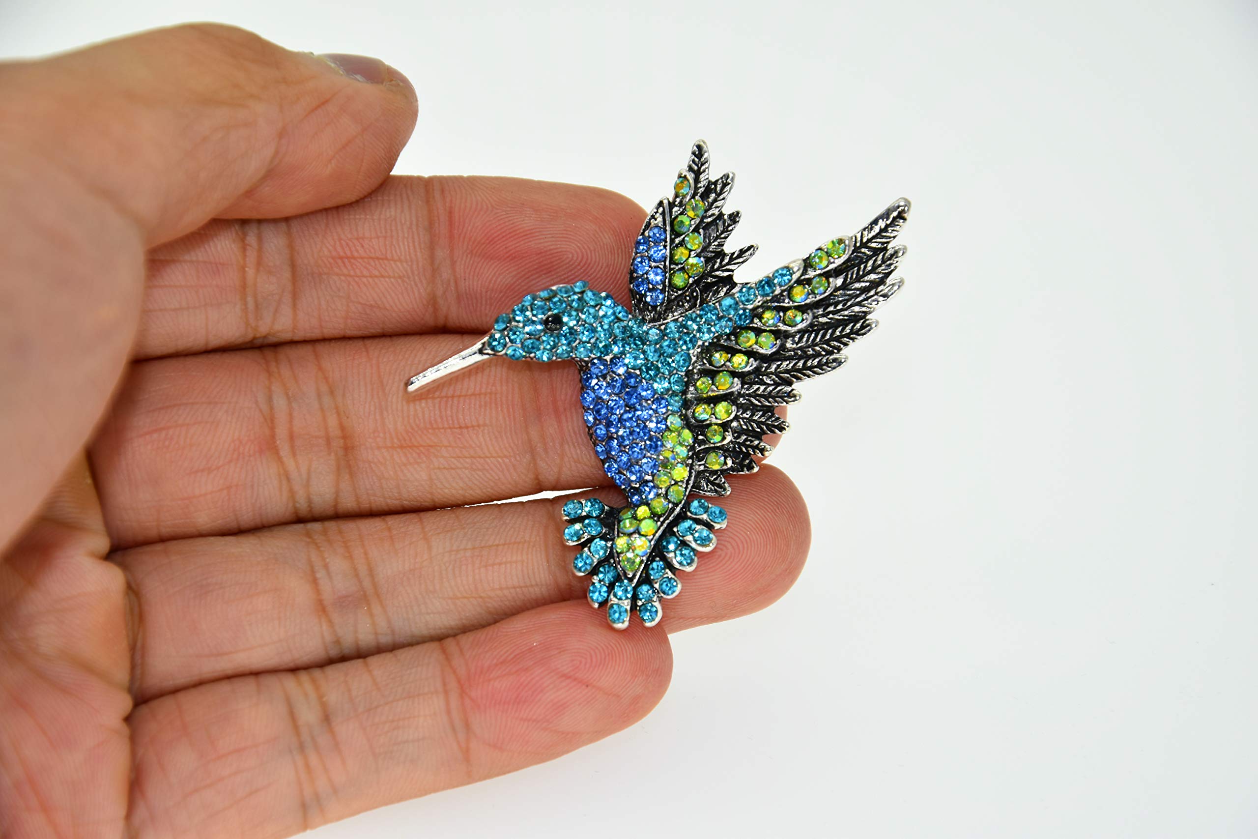 HAFILO Hummingbird brooch pins for women fashion Bird pins rhinestone women's brooches pin (Ancient Silver Blue Green)