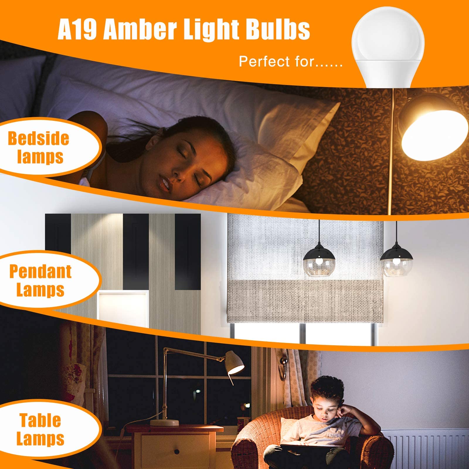 Neporal Amber Light Bulbs 4PK, 9W 60 Watt Equivalent, Blue Blocking Light Bulbs 1800K, Soft Warm Sleep Light Bulbs A19, Amber Night Light Bulb E26 for Bedroom and Baby Nursery Light