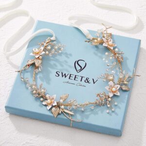 SWEETV Gold Wedding Headband Flower-Leaf Bridal Headpieces for Wedding Hair Accessories for Brides Crystal Pearl Hair Vine