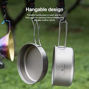 iBasingo Titanium Cookware Camping 1000ml Pot 500ml Pan Set with Folding Handle Outdoor Cooking Bowls Ultralight Picnic Hiking Backpacking Tableware for 1 Person Ti2042C