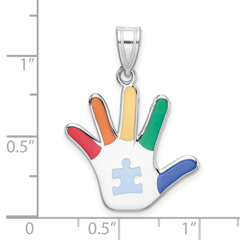 Sterling Silver Rhod-plate Enamel Autism w/Puzzle Piece Handprint Pendant QQC9343