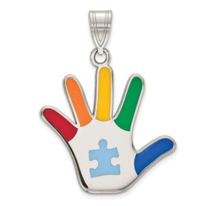 Sterling Silver Rhod-plate Enamel Autism w/Puzzle Piece Handprint Pendant QQC9343