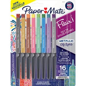 paper mate flair metallic felt tip pens, city lights collection, glittery assorted colors, premium ink, 16 count, perfect for writing, doodling and bullet journaling