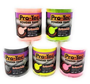 welch products 5 x 2oz pro-tec jigs and lures powder paints, jig head fishing paint, fishing lure paint - high gloss powder coating paint - hot pink, green & yellow chartreuse, black, blaze orange