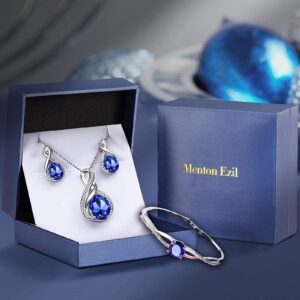 Menton Ezil Fashion Jewelry Charming Nobile Blue Sapphire Jewelry Set For Women 18K White Gold Plated Jewelry Set Bracelet Necklace and Earrings set with september birthstone(Sapphire Blue)