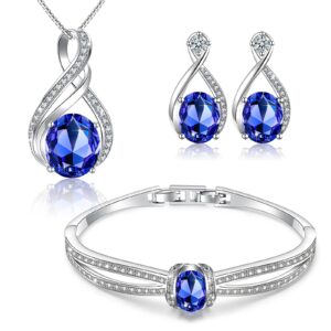 menton ezil fashion jewelry charming nobile blue sapphire jewelry set for women 18k white gold plated jewelry set bracelet necklace and earrings set with september birthstone(sapphire blue)