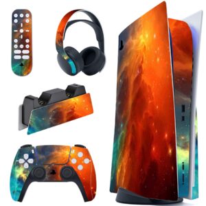 PlayVital Orange Star Universe Full Set Skin Decal for ps5 Console Disc Edition, Sticker Vinyl Decal Cover for ps5 Controller & Charging Station & Headset & Media Remote