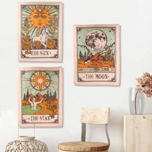 Accnicc 3 Pack Tarot Tapestry, Sun Moon and Star Tarot Card Tapestry, Brown and Beige Tapestry Wall Hanging, Vertical Vintage Aesthetic Wall Tapestry for Room with Steel Grommets (Brown, 20'' × 27'')