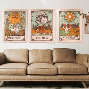 Accnicc 3 Pack Tarot Tapestry, Sun Moon and Star Tarot Card Tapestry, Brown and Beige Tapestry Wall Hanging, Vertical Vintage Aesthetic Wall Tapestry for Room with Steel Grommets (Brown, 20'' × 27'')