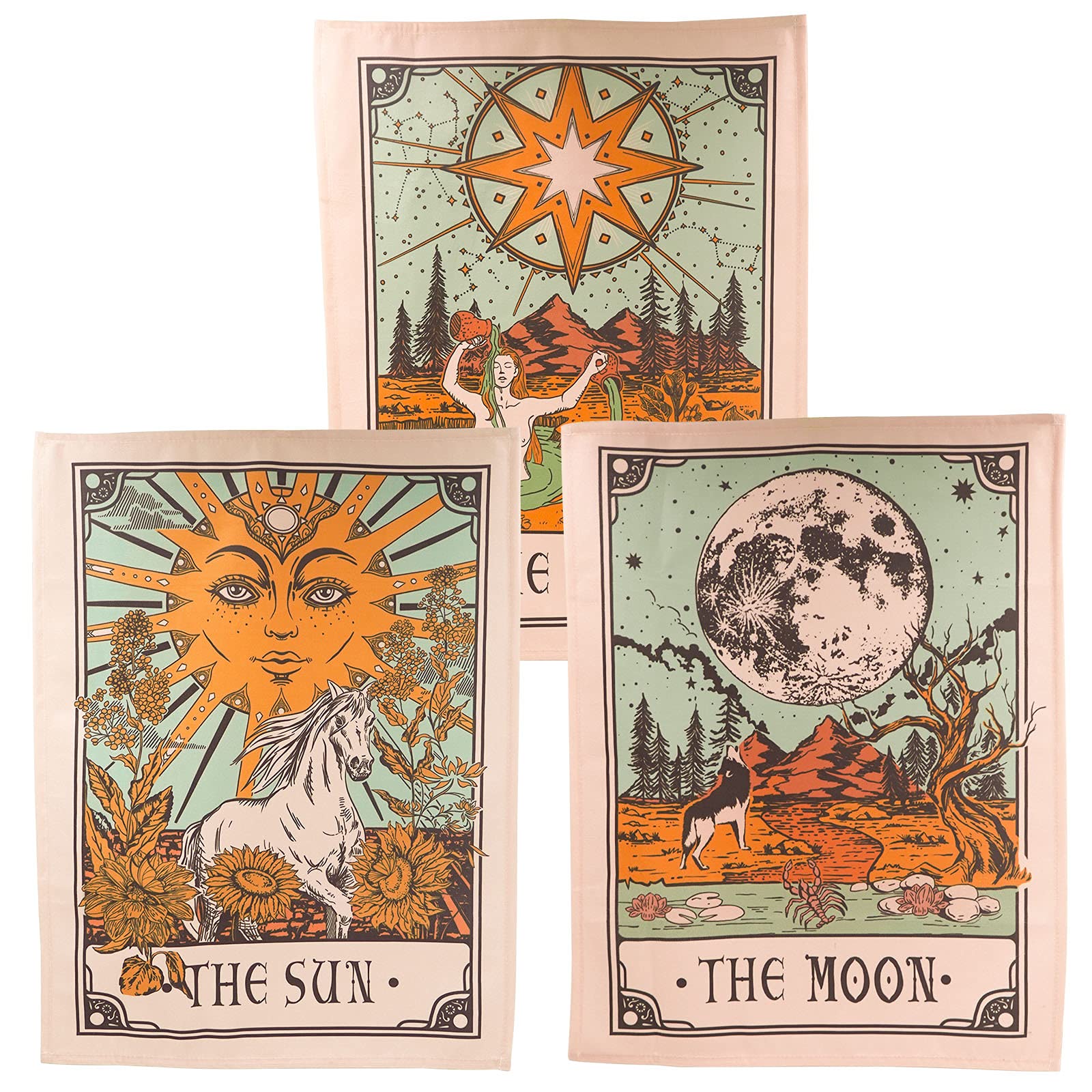 Accnicc 3 Pack Tarot Tapestry, Sun Moon and Star Tarot Card Tapestry, Brown and Beige Tapestry Wall Hanging, Vertical Vintage Aesthetic Wall Tapestry for Room with Steel Grommets (Brown, 20'' × 27'')