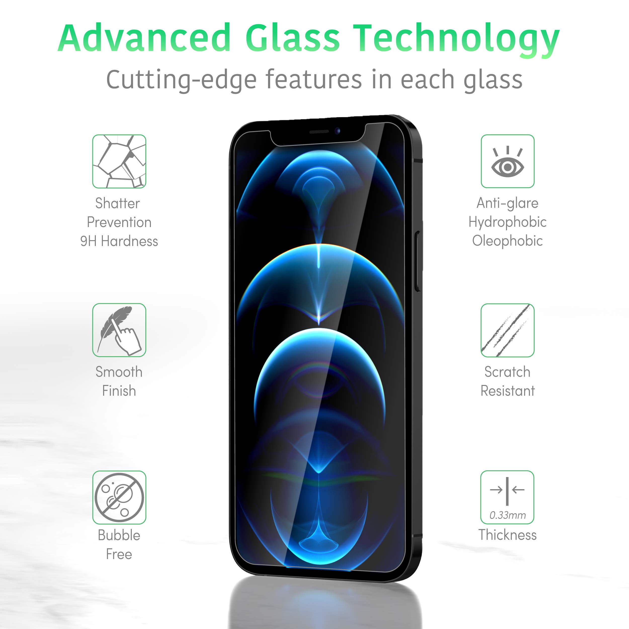 TALK WORKS Premium Tempered Glass Screen Protector for iPhone 12/12 Pro, IPhone 13/13 Pro, IPhone 14 - Includes Installation Tray, Anti-Glare, Crack Proof, Ultra Thin (Pack of 3)