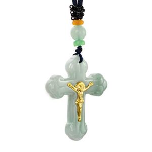 Jade Cross Jesus Necklace Pendant Inlaid with 22K Gold Good Luck Charm Jade Jewelry (Green Cross)