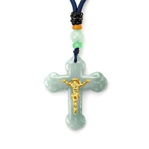 Jade Cross Jesus Necklace Pendant Inlaid with 22K Gold Good Luck Charm Jade Jewelry (Green Cross)