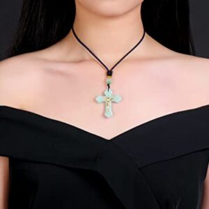 Jade Cross Jesus Necklace Pendant Inlaid with 22K Gold Good Luck Charm Jade Jewelry (Green Cross)