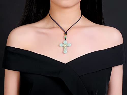 Jade Cross Jesus Necklace Pendant Inlaid with 22K Gold Good Luck Charm Jade Jewelry (Green Cross)