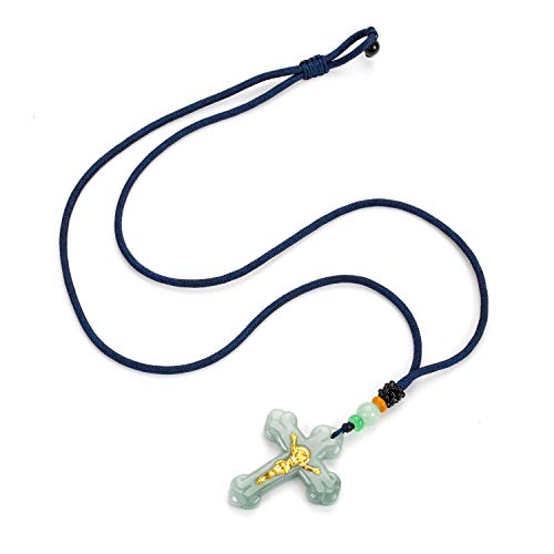 Jade Cross Jesus Necklace Pendant Inlaid with 22K Gold Good Luck Charm Jade Jewelry (Green Cross)