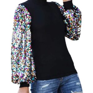 Anna-Kaci Women's Confetti Sequin Balloon Long Sleeve Mock Neck Pullover Sweatshirt (Black, Large)