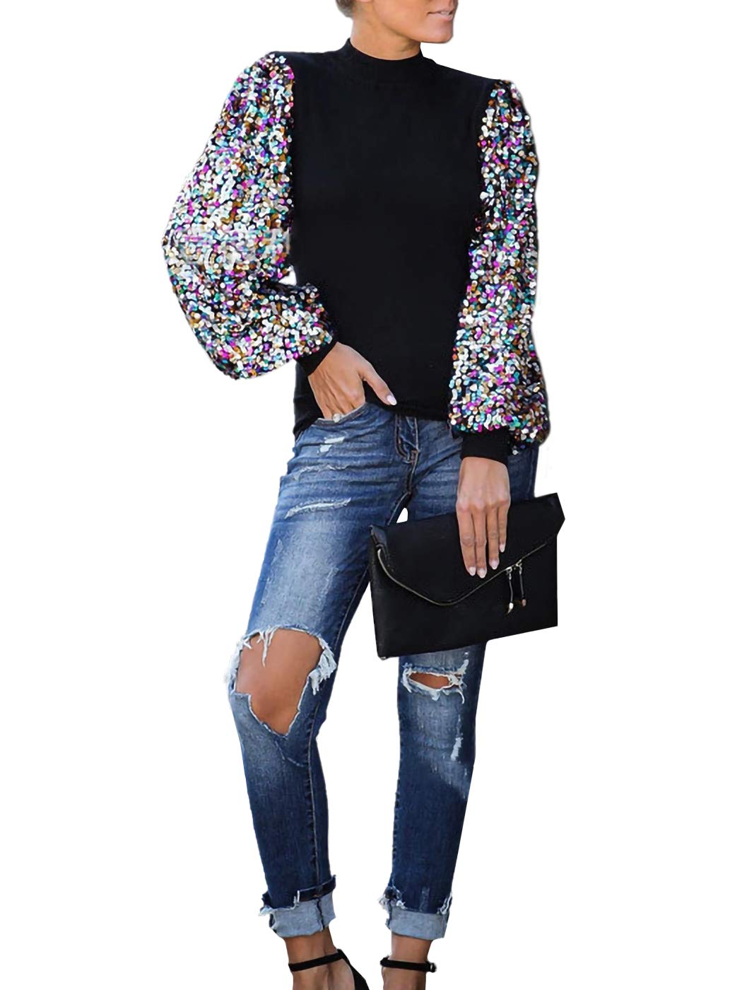 Anna-Kaci Women's Confetti Sequin Balloon Long Sleeve Mock Neck Pullover Sweatshirt (Black, Large)