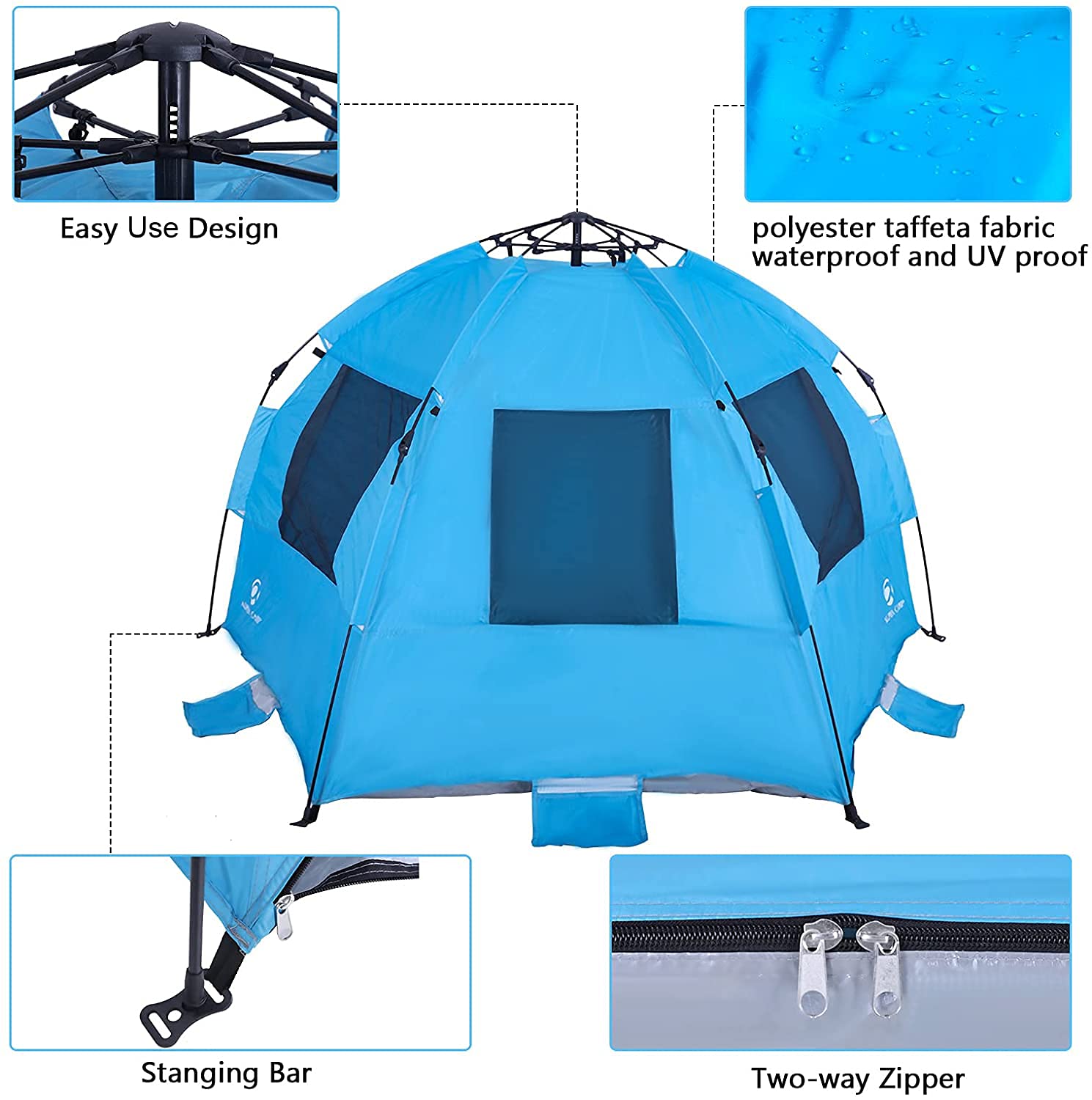 ALPHA CAMP Instant Beach Sunshade Pop Up Sun Shelter Tent, UV Protection with 3 Ventilating Windows, Extended Zippered Porch Included