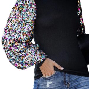 Anna-Kaci Women's Confetti Sequin Balloon Long Sleeve Mock Neck Pullover Sweatshirt (Black, Large)