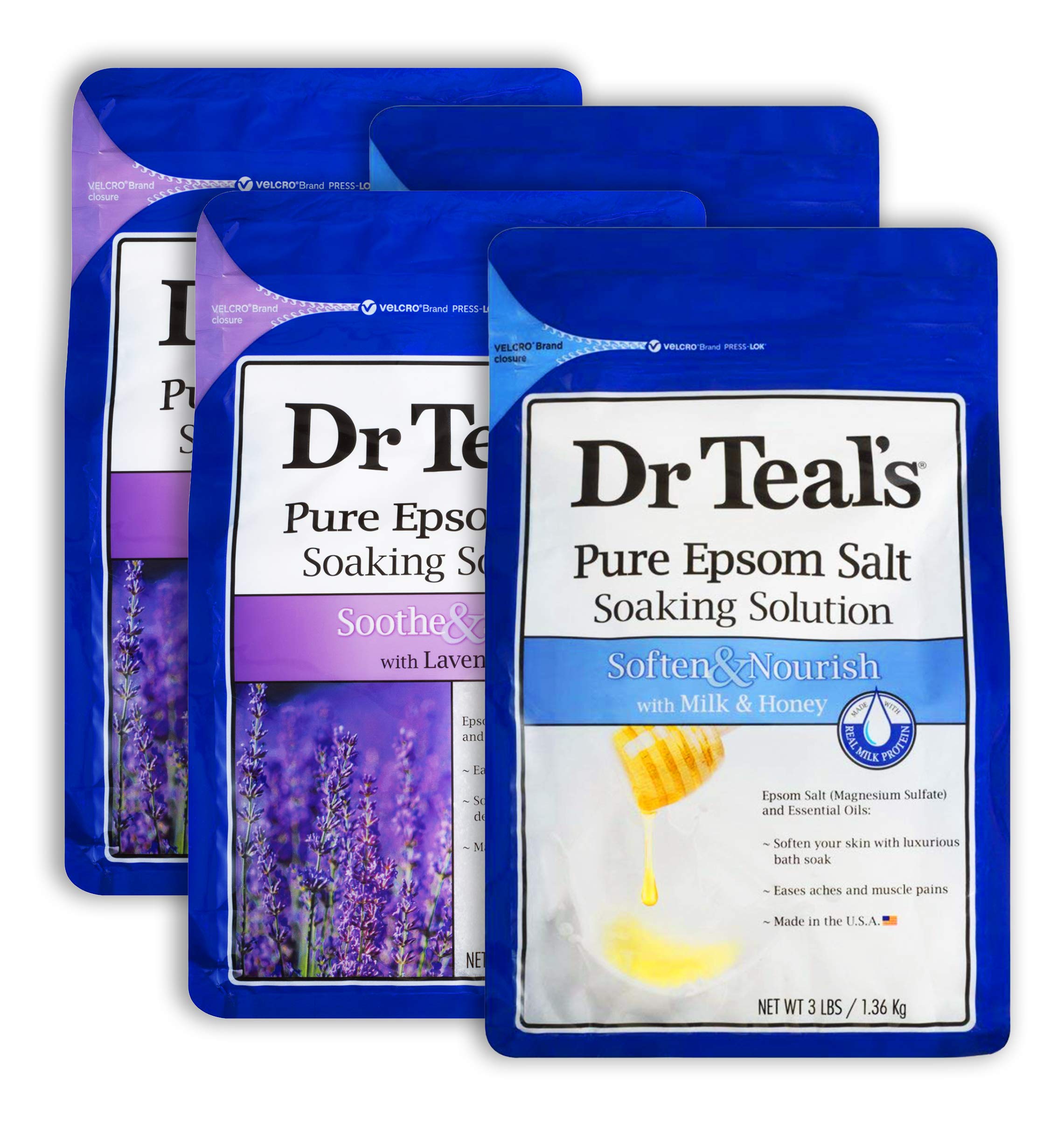 Dr Teal's Epsom Salt Bath Combo 4-Pack (12 lbs Total), Soothe & Sleep with Lavender, and Soften & Nourish with Milk & Honey