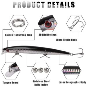 Saltwater Fishing Lures Kit - 6pcs 5in Minnow Plugs Crankbait Popper Jerkbait Hard Baits Surf Fishing Lure Black Silver with Strong Treble Hooks Artificial Baits for Bass Salmon Striper Trout