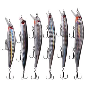 Saltwater Fishing Lures Kit - 6pcs 5in Minnow Plugs Crankbait Popper Jerkbait Hard Baits Surf Fishing Lure Black Silver with Strong Treble Hooks Artificial Baits for Bass Salmon Striper Trout