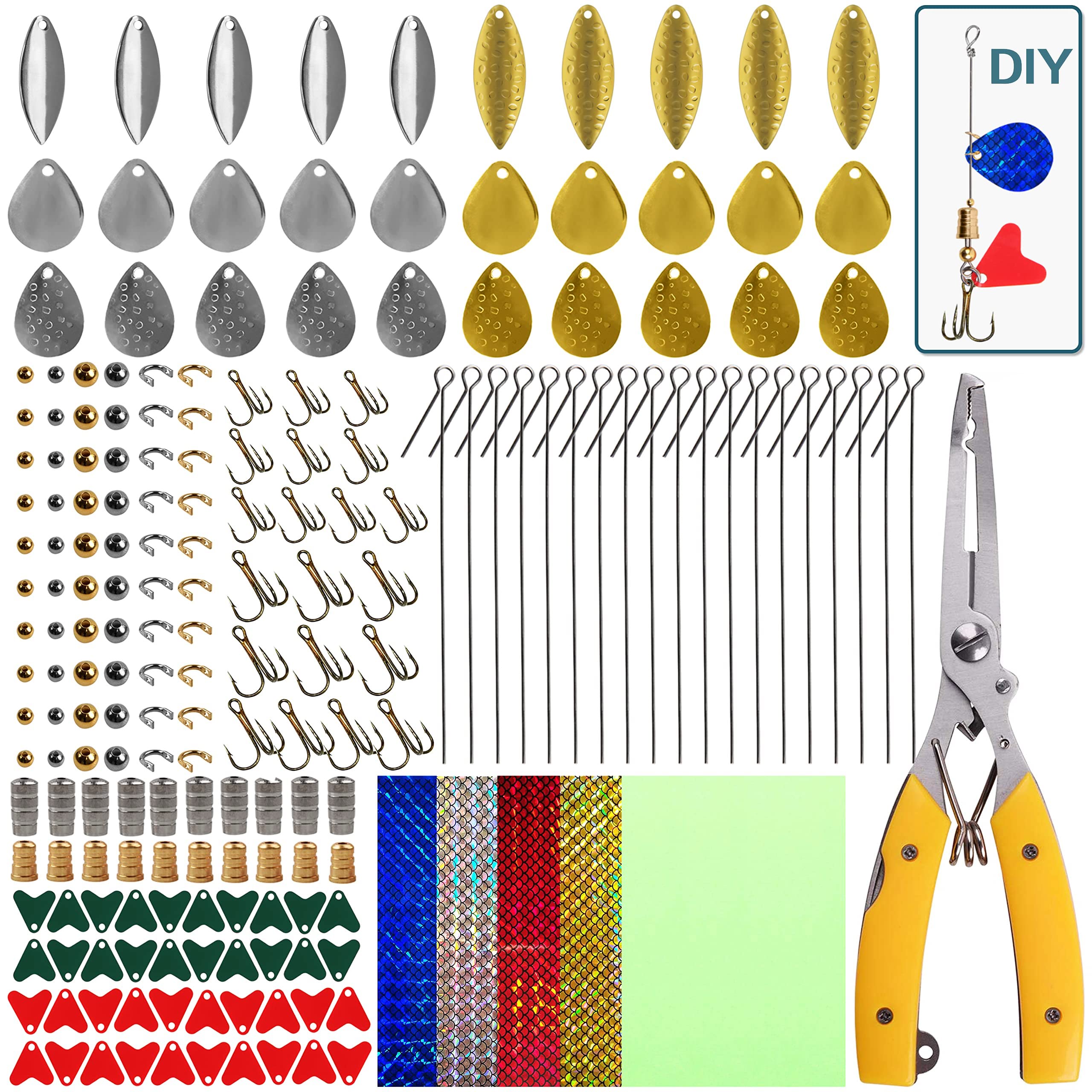 OROOTL Spinner Lure Making Kit, 246pcs Fishing Lure Making Kit Spinner Blades Fishing Pliers Lure Bodies Spinnerbait Shafts Treble Hooks Set Walleye Rig Making Supplies