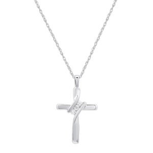 gilded small 10k white gold natural round-cut diamond accent (i-j color, i2-i3 clarity) 3 stone cross pendant-necklace,18"