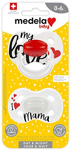 Medela Baby Pacifier | Day and Night Glow in The Dark | 0-6 Months | 2-Pack, Lightweight | BPA-Free | Supports Natural Suckling | My Love and I Love Mama