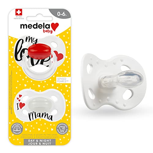 Medela Baby Pacifier | Day and Night Glow in The Dark | 0-6 Months | 2-Pack, Lightweight | BPA-Free | Supports Natural Suckling | My Love and I Love Mama