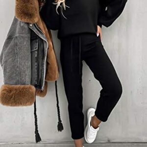 Women's 2 Piece Pant Set Sweatsuit Long Lantern Sleeve Sweatshirt Jogger Pant Tracksuit Black M