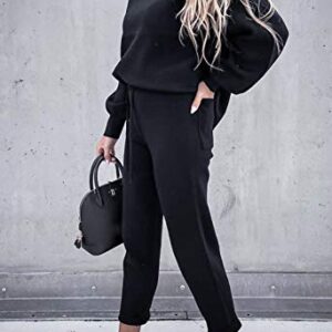 Women's 2 Piece Pant Set Sweatsuit Long Lantern Sleeve Sweatshirt Jogger Pant Tracksuit Black M