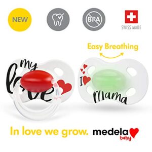 Medela Baby Pacifier | Day and Night Glow in The Dark | 0-6 Months | 2-Pack, Lightweight | BPA-Free | Supports Natural Suckling | My Love and I Love Mama