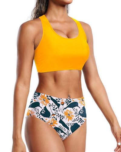 Holipick Women High Waisted Two Piece Bikini Sports Crop Top Swimsuit Scoop Neck Bathing Suit for Teen Girls with Bottom Yellow Floral