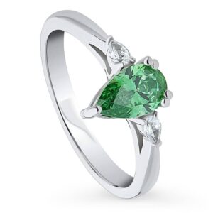 BERRICLE Sterling Silver 3-Stone Green Pear Cut Cubic Zirconia CZ Fashion Anniversary Ring for Women, Rhodium Plated Size 9