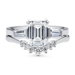 BERRICLE Sterling Silver 3-Stone Wedding Engagement Rings Emerald Cut Cubic Zirconia CZ 7-Stone Ring Set for Women, Rhodium Plated Size 10